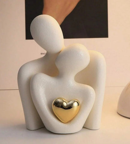 White Ceramic Love Sculpture - Modern Couple Figurine with Gold Heart