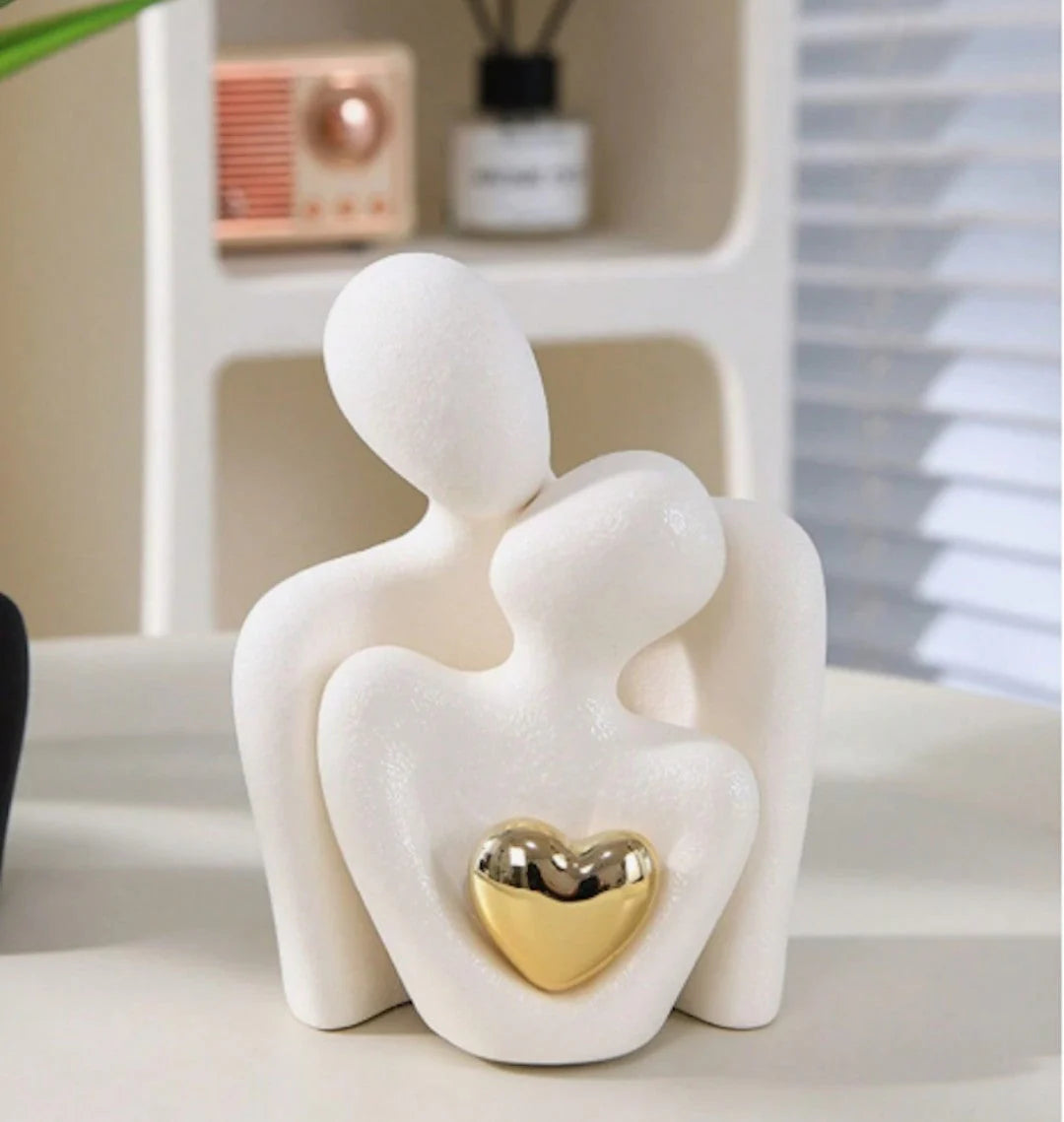 White Ceramic Love Sculpture - Modern Couple Figurine with Gold Heart
