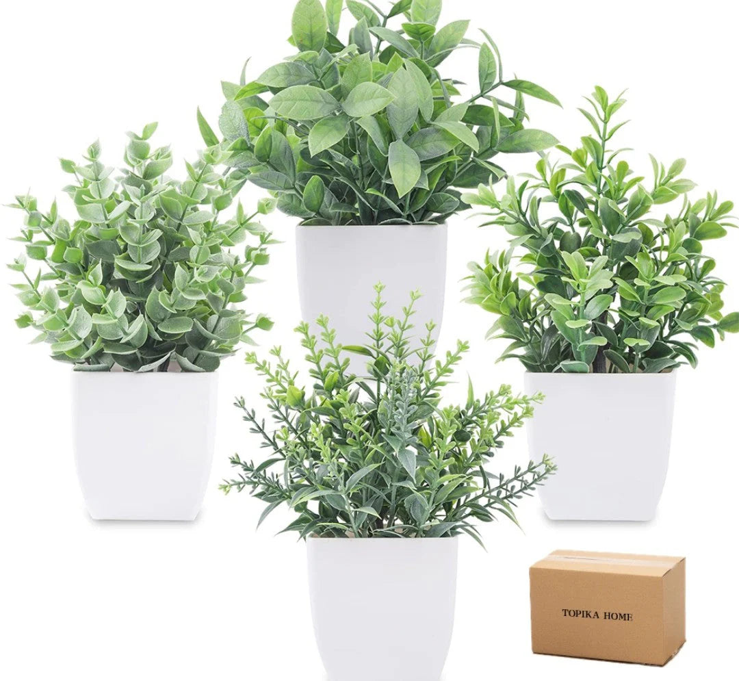 Mini Artificial Greenery Potted Plants - 4 Pack Set with Ceramic Pots