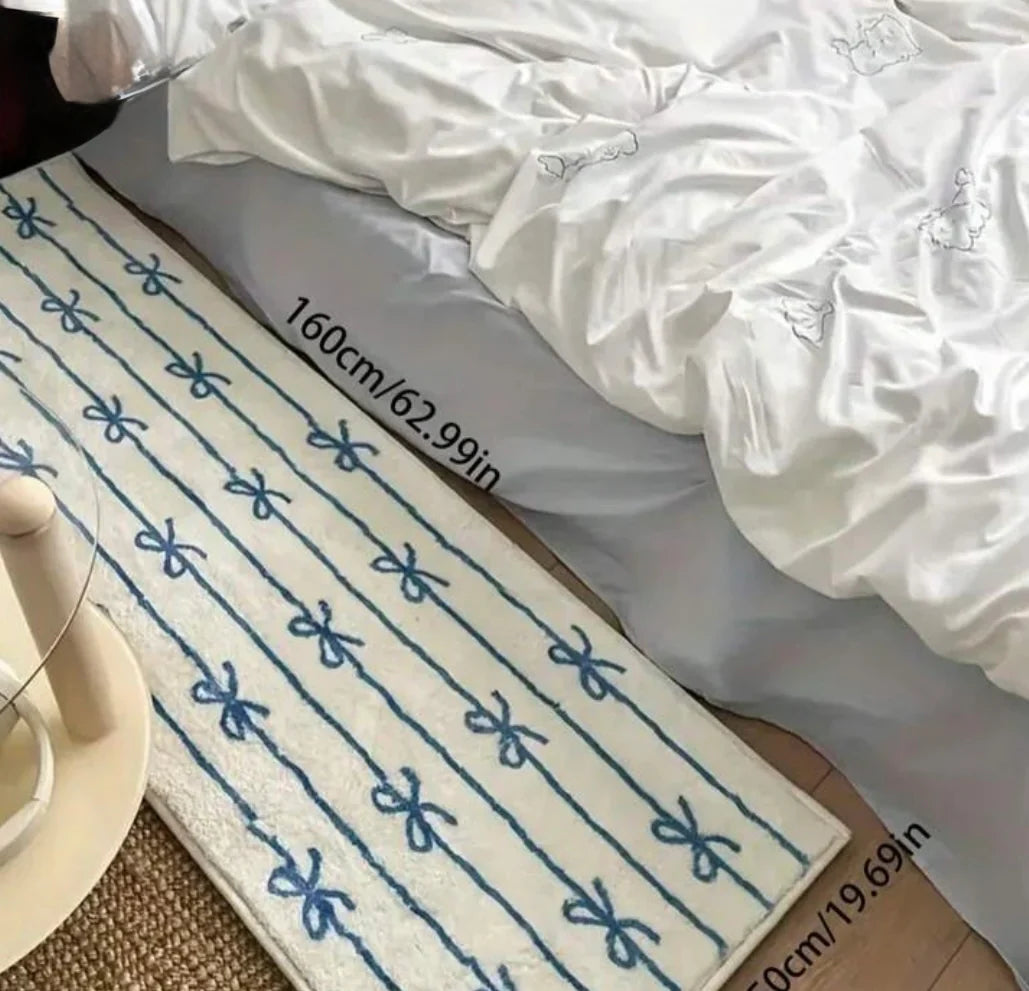 Faux Cashmere Bedside Rug - Blue Bow Pattern Design