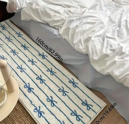 Faux Cashmere Bedside Rug - Blue Bow Pattern Design