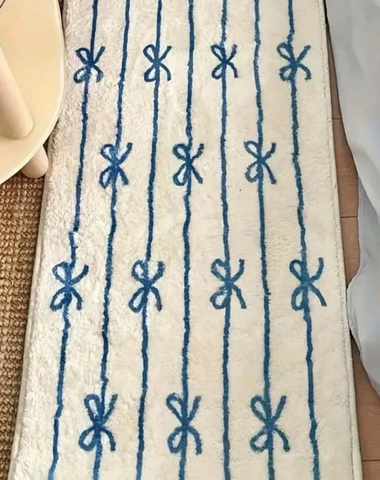 Faux Cashmere Bedside Rug - Blue Bow Pattern Design