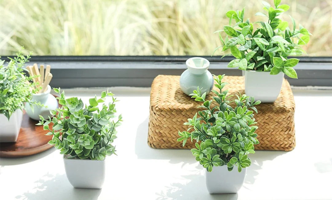 Mini Artificial Greenery Potted Plants - 4 Pack Set with Ceramic Pots